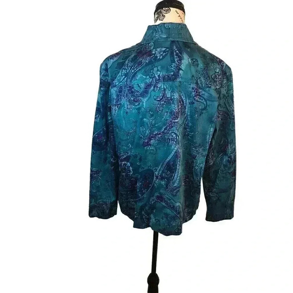 Chico's Addition Artsy Floral Jacket Pockets Sz 2 Large Deep Sky Blue L/S - Picture 5 of 7